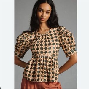 EUC Let Me Be Anthropologie Women's Floral Puff Sleeve 100% Cotton Chic Top Sz M